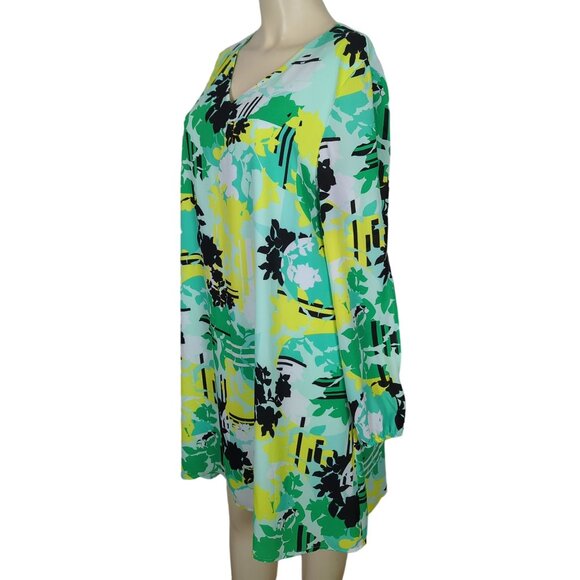 KAARI Blue V-Neck Long keyhole Sleeve yellow green abstract print Dress Size L - Picture 5 of 16